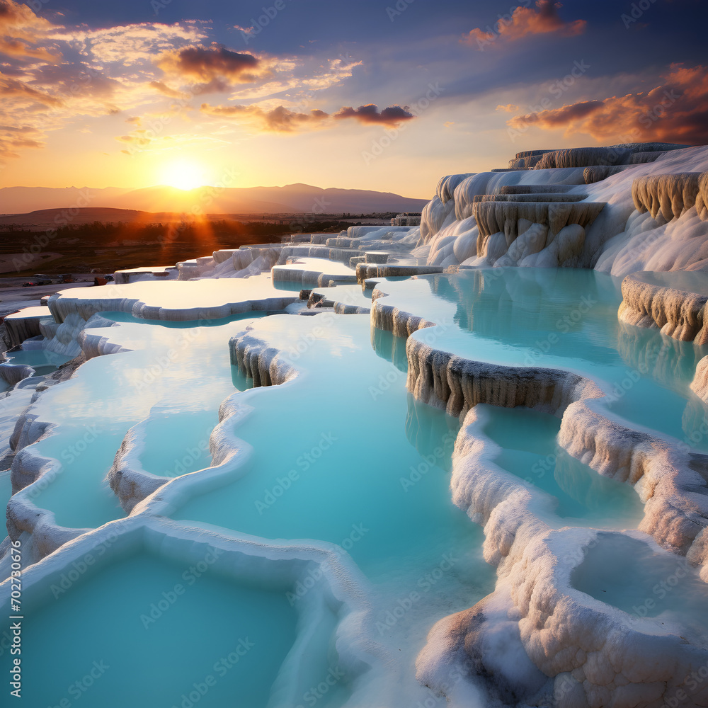 Pamukkale Hotsprings with the sunset in the background  - obrazy, fototapety, plakaty 