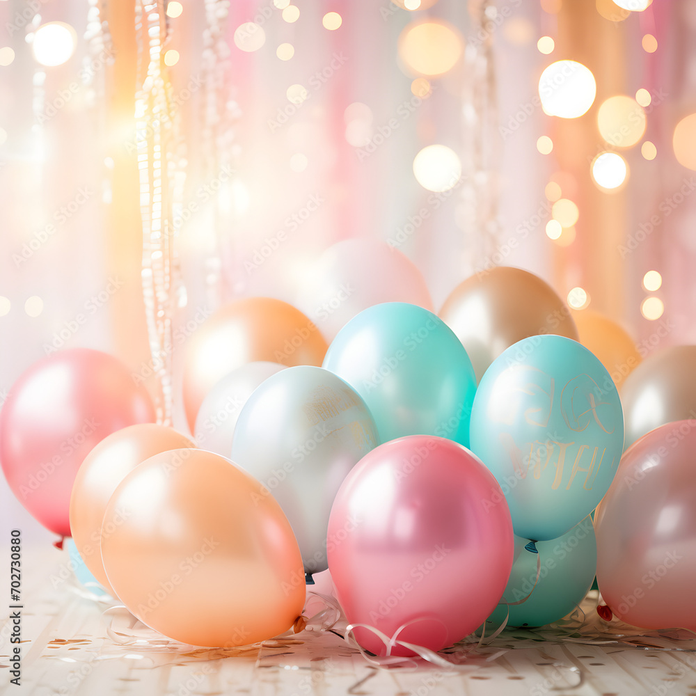 Blue and pink pastel balloons with bright bokeh background. An Easter celebration theme. 