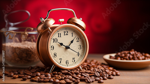 Alarm clock and coffee beans on a wooden table with a red background