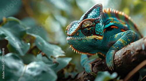 An incredible shot of a chameleon perfectly blending into its jungle environment while perched on a branch, showcasing nature's remarkable adaptations.