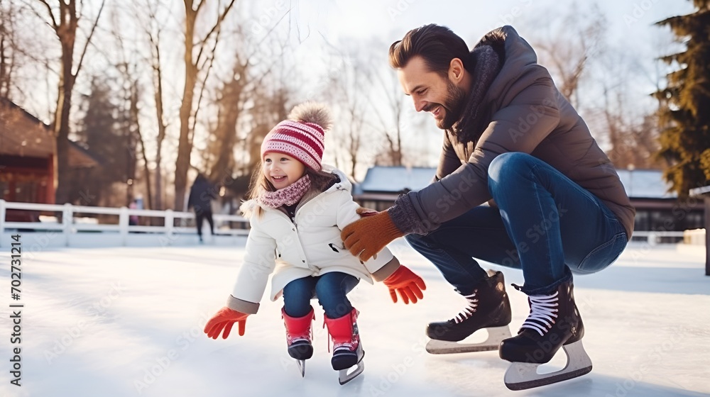 Obraz premium A father helping his daughter put on ice skates at an ice rink , father, daughter, ice skates, ice rink