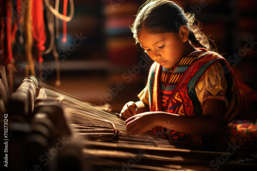Aztec child learning to weave on backstrap loom