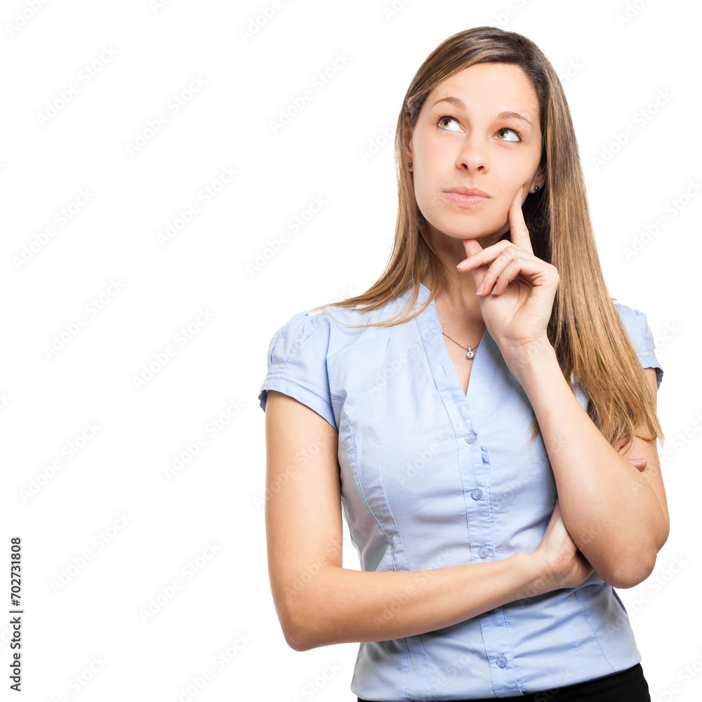 Thoughtful young woman pondering over white background Thoughtful young woman pondering over white background