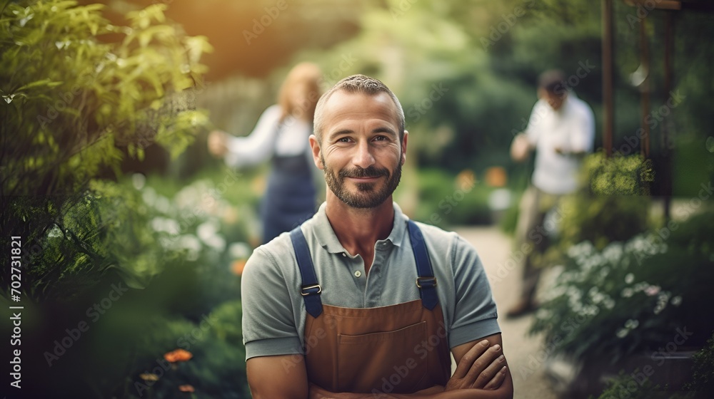 Fototapeta premium A gardener in a botanical garden looking at blooming flowers , gardener, botanical garden, blooming flowers