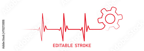 Editable lines heart rhythm illustration with gear cogwheel, heartbeat line vector design to use in healthcare, business, healthy lifestyle, medicine and ekg concept illustration projects. 