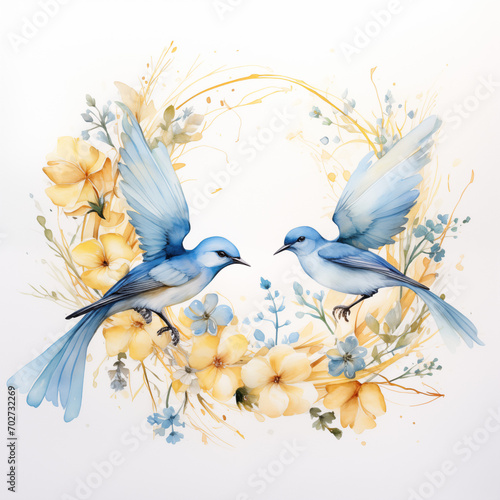 round arrangement of flowers with birds on white background © Robert