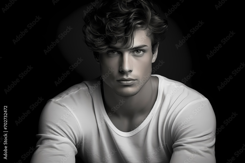 A handsome and endearing young male model with a gentle and caring expression, exuding warmth and kindness, against a solid light gray background.