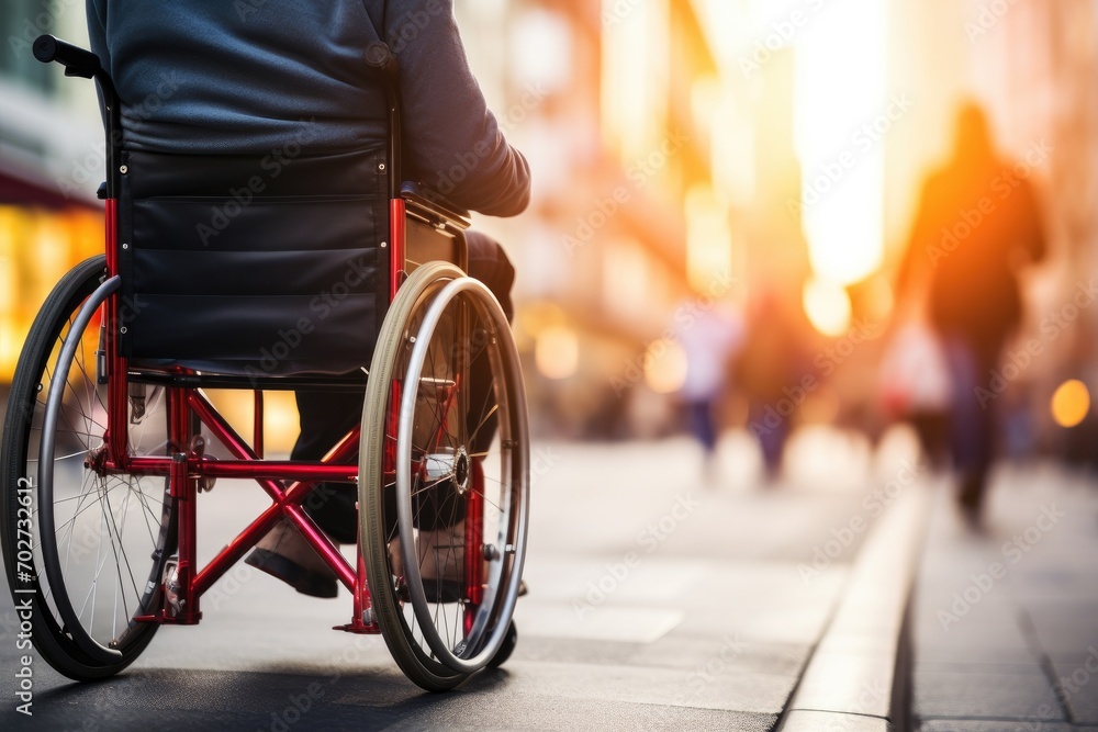 Man in wheelchair exploring city, accessible urban environment Man in wheelchair exploring city, accessible urban environment