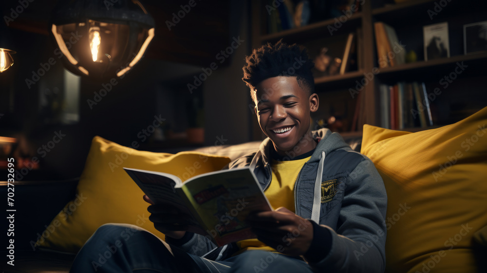 A handsome African teenager is reading a book and smiling, sitting on a cozy sofa with large yellow pillows, in the atmospheric light of a lamp. Modern lifestyle, room and hobbies of a teenager