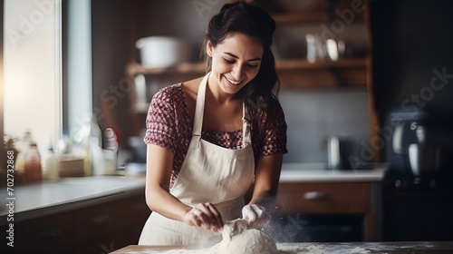 A happy woman baking in a kitchen with flour on her hands , happy woman, baking, kitchen photo