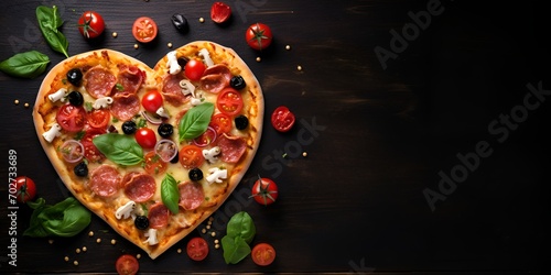 A heart,shaped pizza with various toppings , heart,shaped pizza, various toppings