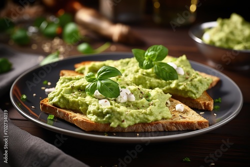 Toasts bread with guacamole on plate on table