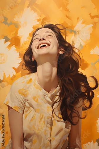 A joyful woman radiating happiness against a gentle pale yellow background.