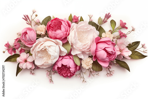 Pink peonies, white roses isolated on white background. Floral banner, flower cover or header with vintage bouquets photo