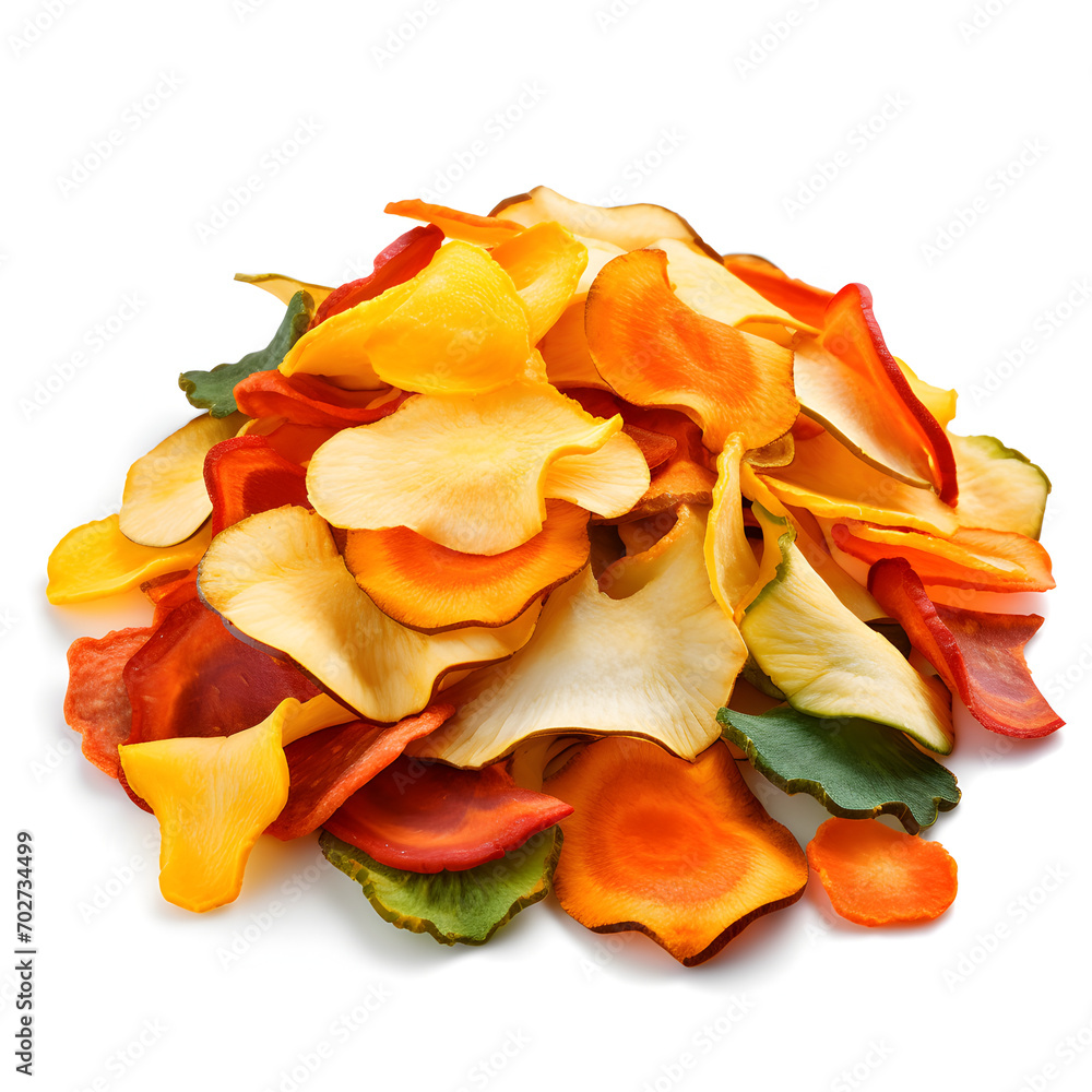 MIxed vegetable chips, a healthy dehydrated snack isolated on a white background MIxed vegetable chips, a healthy dehydrated snack isolated on a white background