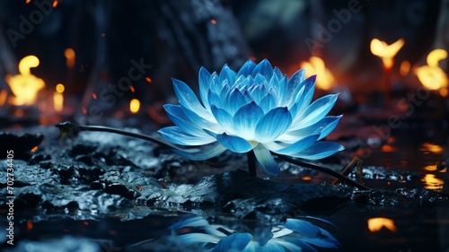 A blue turquoise lotus emits a brilliant blue Ai generated art