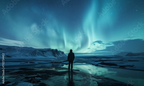 A Man standing to see Aurora Borealis at Norway