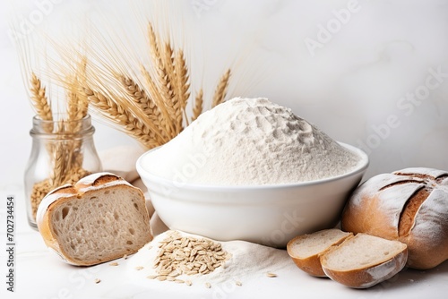Flour in wooden bowl with wheat ears and fresh bread