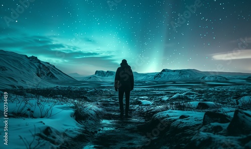 A Man standing to see Aurora Borealis  at Norway photo