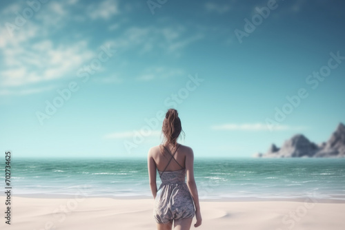 Nature, hobbies and leisure, travel concept. Beautiful young woman with swim suit walking in beach during sunny day