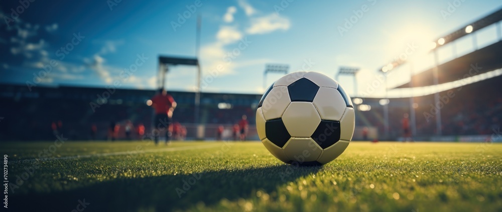 Soccer Ball on Field with Stadium Background