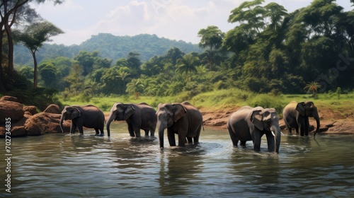 Herd of Elephants Bathing in a River at Dawn