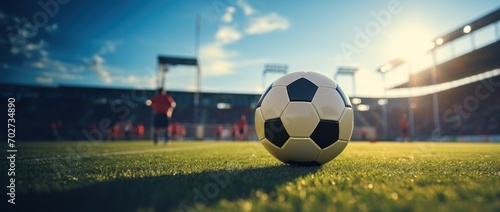 Soccer Ball on Field with Stadium Background