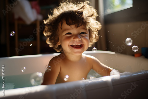 Pure joy unfolds as a small kid smiles  immersed in the bathtub  captivated by the simple pleasure of playful soap bubbles. Ai generated