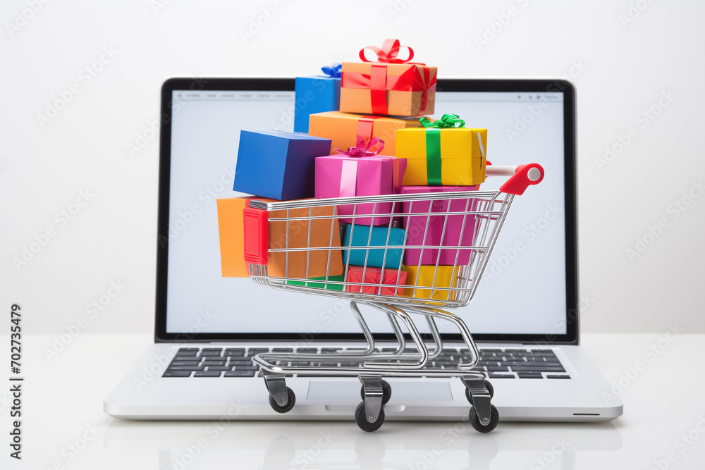 Shopping cart full of vibrant boxes standing in front of laptop, white background. Ai generated Shopping cart full of vibrant boxes standing in front of laptop, white background. Ai generated