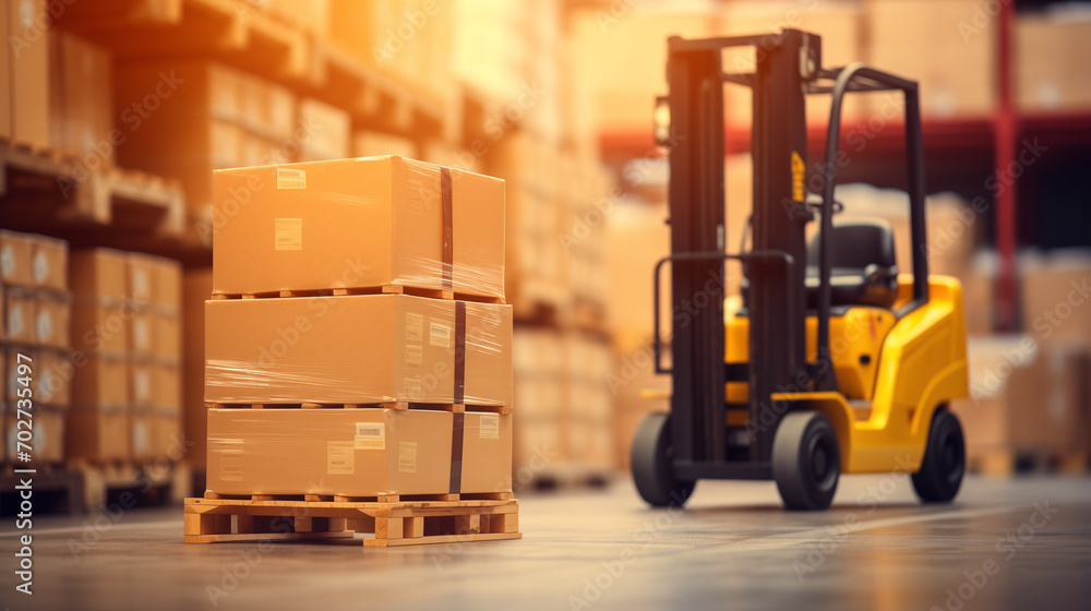 Yellow forklift loader pallet stacker truck equipment at warehouse. Ai generated Yellow forklift loader pallet stacker truck equipment at warehouse. Ai generated