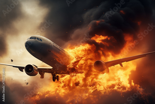 Plane Crash, Airplane crashing concept illustration. Plane crashing engulfed in flames and smoke. Ai generated