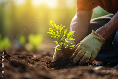 Man planting a young tree in fresh soil, the worker has gloves, close up shot, blured background, morning light. Ai generated photo