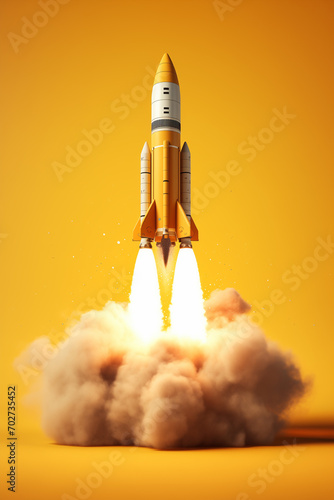 A powerful visual as a rocket ascends  leaving a trail of smoke against a vibrant yellow backdrop  symbolizing the dynamic energy of liftoff. Ai generated