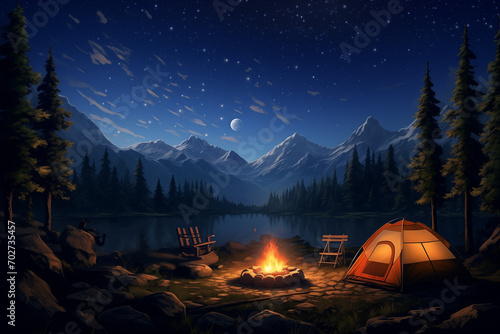Serene camping scene at night on a lake, where a warm and inviting campfire flickers under a sky filled with countless twinkling stars. Ai generated © twindesigner