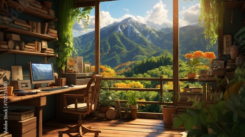 A beautiful home office in the woods and mountains Ai generated art
