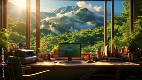A beautiful home office in the woods and mountains Ai generated art photo