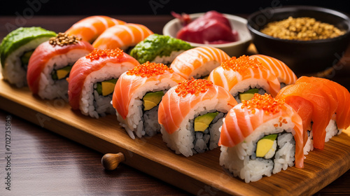 Artistic Assortment of Sushi Rolls on a Bamboo-Textured Background