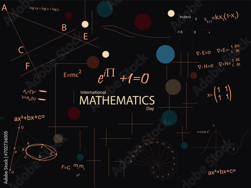 Euler's equation in the center on a dark background, surrounded by equations, graphs and mathematical symbols.