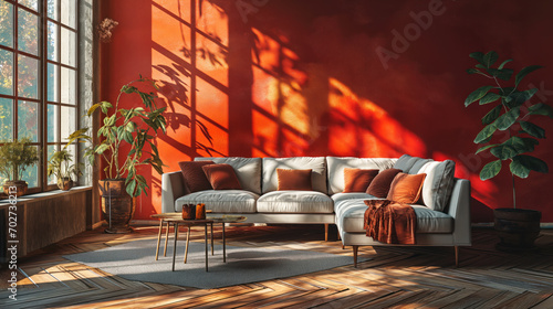 Interior photo of a modern living room with peach textured wall paint