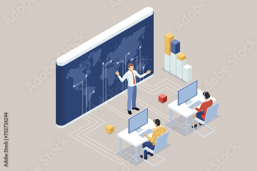Isometric businessman at the forefront of global networking, utilizing customer data analytics for informed business strategy and intelligent digital marketing, all within the realm of technology