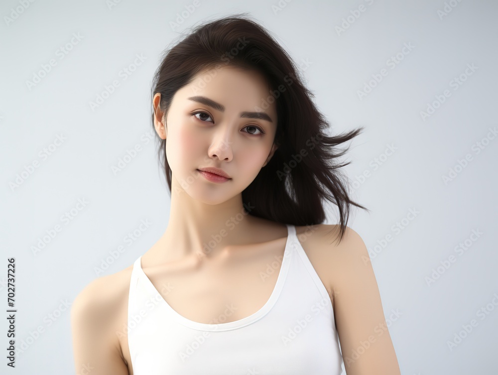 Pretty young healthy Asian girl wearing white Tank Top, glamour and confidence looks, skin care and beauty model, Generative Ai Pretty young healthy Asian girl wearing white Tank Top, glamour and confidence looks, skin care and beauty model, Generative Ai