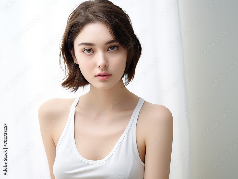 Pretty young healthy Asian girl wearing white Tank Top, glamour and confidence looks, skin care and beauty model, Generative Ai Pretty young healthy Asian girl wearing white Tank Top, glamour and confidence looks, skin care and beauty model, Generative Ai
