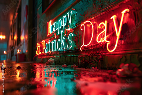 Neon sign happy st patrick's day on the background of the night city ai generated art
