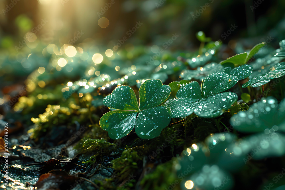 Green clover leaves with dew drops in the morning forest ai generated art Green clover leaves with dew drops in the morning forest ai generated art