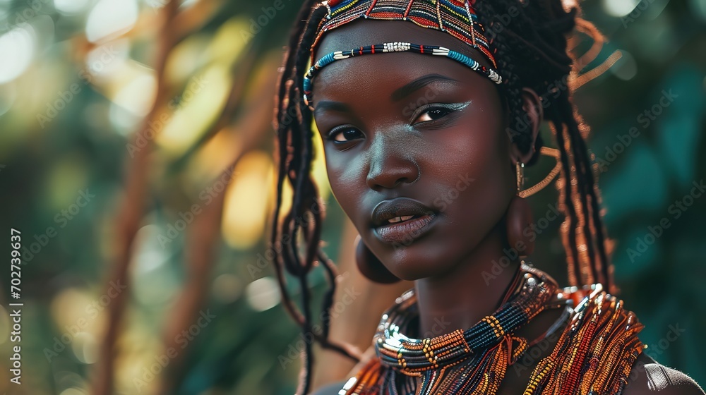 pretty African Tribal woman close up fashion portrait in Bohemian Boho Chic style, charming and enigmatic dreamlike atmosphere, Generative Ai