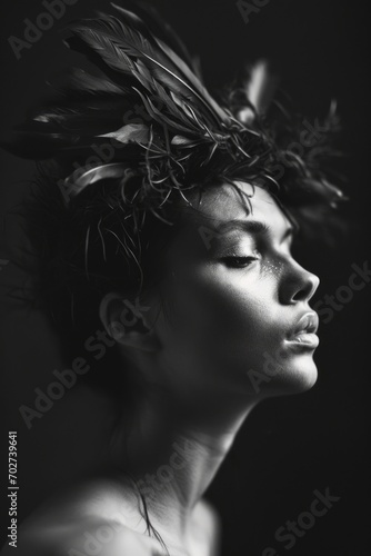 Black and white artistic portrait of young woman with feather crown 