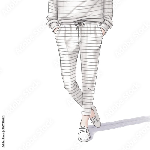 An illustration of a female wearing tabby pants, hoodie and sneakers. Casual look. Comfortable apparel. Narrow leg. Drawstring in the pants. Sports trousers with slim fit. Botts. Sweatpants. Knickers