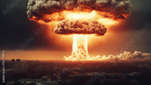 Nuclear explosion in city near the beach at night