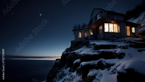 A house on the edge of a cliff on a starry night