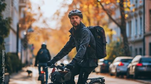 Courier on a bicycle carrying goods photo